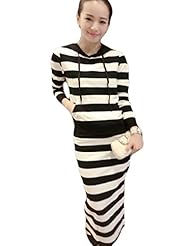 Acrylic/Cotton Spring Striped Print Long Sleeves Maxi Dress 