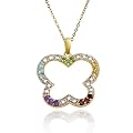 Yellow Gold Plated Sterling Silver Multi-Gemstone and Diamond Butterfly Pendant, 18