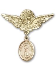 14K Gold Baby Badge with St. Dominic Savio Charm and Angel with Wings Badge Pin