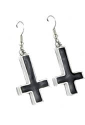 Inverted Cross Earrings with Black Inlay Occult Metal Jewelry