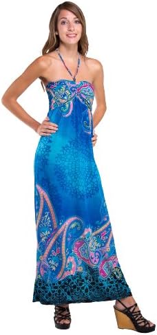 SSQ Fashion Blue Paisley Beaded Halter Top Maxi Dress - Large