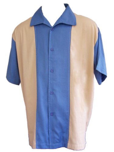 Mens Casual Retro Bowling Shirt Retro Classic Solid Panel (XXL, Wedgwood Blue)