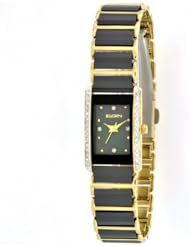 Elgin Womens EG523G Gold-tone Black Ceramic Austrian Crystal Accented Watch