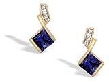 14K Yellow Gold Square Created Sapphire and Diamond Drop Earrings