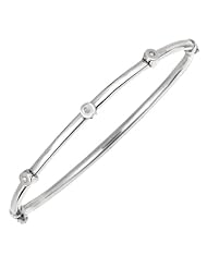 Silver Rhodium Plated Polish 7.25" 2.90mm Round Tube Bangle With .03 Carat Diamond And Fancy Side Clasp