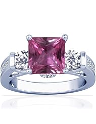 14K White Gold Princess Cut Pink Sapphire Ring With Sidestones