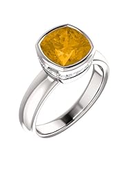 18K White Gold 8.00x8.00mm Antique Cushion Cut Citrine and Diamond Ring -- LIFETIME WARRANTY