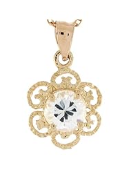 14k Gold 6mm Round White CZ April Birthstone Filigree Charm Pendant