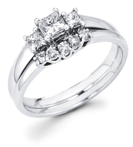 14k White Gold Three 3 Stone Princess Cut Diamond Engagement Anniversary 2 Ring Set w/ Matching 5 Round Diamond Wedding Band (1/2 cttw, G-H Color, SI1 Clarity) onSale
