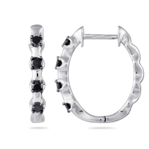 Sterling Silver Black Diamond Bamboo Hoop Earrings (1/2 cttw)