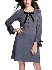 Plus Size Winter  Long Sleeves Round Neck Silk/Velvet/Knit Shift Mermaid Flared-Skirt  Dress With a Bow(s) and a Ribbon 