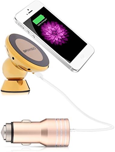 GRANDO iPhone 6/6S 360° Rotation Magnetic Vehicular QI Wireless Charging Receiver Pad Phone Mount Holder Bracket &amp; Fast Dual USB life hammer Car Charger (Gold)