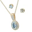 Sterling Silver Vermeil Genuine Aquamarine and Diamond Pendant Necklace and Earrings Set
