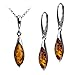 Sterling Silver Amber Marquise Drop Leverback Earrings Necklace Set 18 Inches