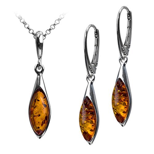 Sterling Silver Amber Marquise Drop Leverback Earrings Necklace Set 18 Inches