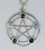 Sterling Silver Pentacle Pendant with the 5 Elements Set with Genuine Stones