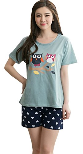 Betusline Women Short Sleeves Pajama Cartoon Prints Dots Shorts Cute Gray