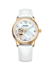 JIUSKO Womens Luxury Automatic Mechanical Skeleton 21 Jewels Rose Gold Case White Leather Wrist Watch 119MRG0101