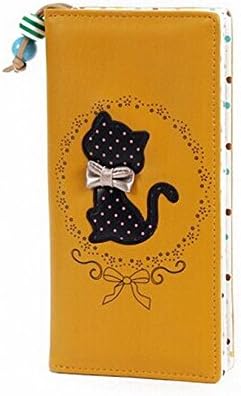 Beautiful Paradise Cute Cartoon Cat Dot Two Folding Zipper Leather Purse Wallet for Women Girls (long yellow)