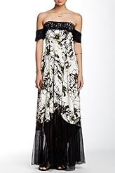 Strapless General Print Short Sleeves Mesh Sheer Bandeau Neck Maxi Dress 