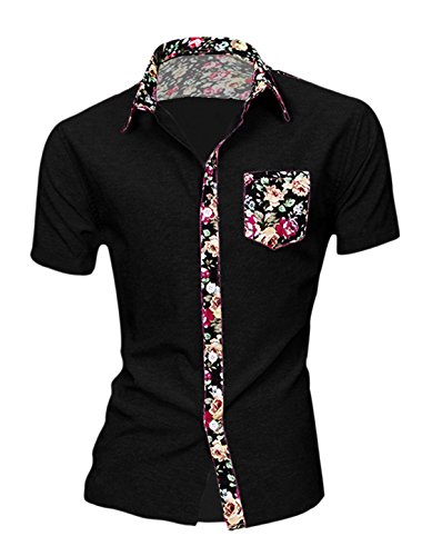 Allegra K Men Short Sleeve Point Collar Single Breasted Shirts Black M