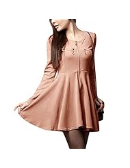A-line Cotton Long Sleeves Round Neck Stretchy  Dress
