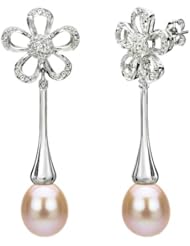14k White Gold Illussion 8.5-9mm "Love Pink" Freshwater High Luster Pearl Flower Shape Dangle Stud Earring. Included Free Giftbox with Bow.