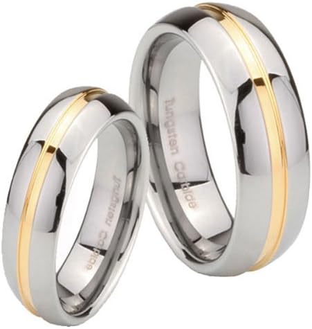 His Her's Tungsten 14K Gold IP Grooved Couple Wedding Ring Set Size:9, 10