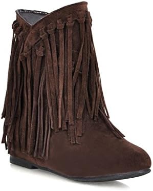 Emmalinglina Women's Solid Round Toe Scrub Leather Tassels Hidden Heel Boots 9 B(M)US Brown