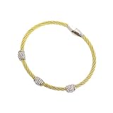 Cable Bangle Bracelet; Gold And Silver Metal; Clear Rhinestones; Magnetic Clasp Closure