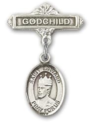 Sterling Silver Baby Badge with St. Edward the Confessor Charm and Godchild Badge Pin