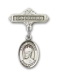 Sterling Silver Baby Badge with St. Edward the Confessor Charm and Godchild Badge Pin