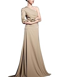A-line Cocktail Floor Length Satin Long Sleeves One Shoulder Beaded Evening Dress/Homecoming Dress/Pageant Dress/Prom Dress/Party Dress/Wedding Dress 