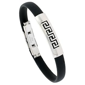 8" Surgical Steel & Rubber Greek Key Bracelet almost 3/8" (9 mm) wide. by 