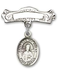 Sterling Silver Baby Badge with St. Leo the Great Charm and Arched Polished Badge Pin