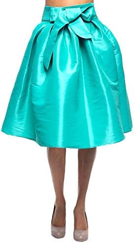 Women Vintage High Waisted Taffeta Pleated Flared Party Skater Midi Skirt (Medium, Mint)