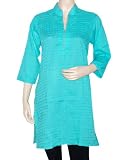 Valentine Present Delightful Women Party Wear Dress Rajrang Collar Deep Straight Neck Line India Boho Bollywood Pintucks Work Sky Blue Cotton Kurti Tunic Top Blouse Size S