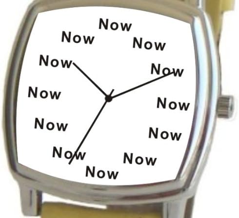 "Now" Is the Time That Is Shown Each Hour on the White Dial of the Polished Chrome Cushion Shape Watch with a Yellow Leather Strap