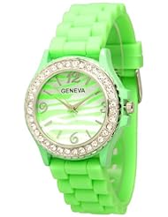 Lime Green Zebra Silicone Watch w/ CZ Crystal Rhinestones Ceramic Look