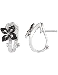 14K White Gold 0.2ct Poinsettia Flower Micropave Black & Diamond Huggie Earrings