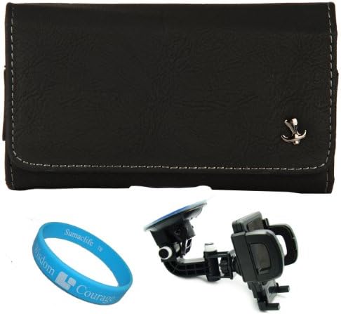 Black Elegant Matte Leatherette Horizontal Holster Pouch Carrying Case (Size 332) with Fixed Belt Clip for HTC Droid DNA 4G LTE Android Smartphone (HTC Butterfly) + Car Holder Windshield Mount + SumacLife Wisdom Courage Wristband