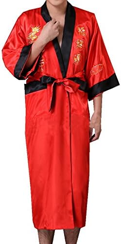 TLIH Men's Chinese Dragon Pattern Embroidered Kimono Yukata Robe Two-sided Wear Red