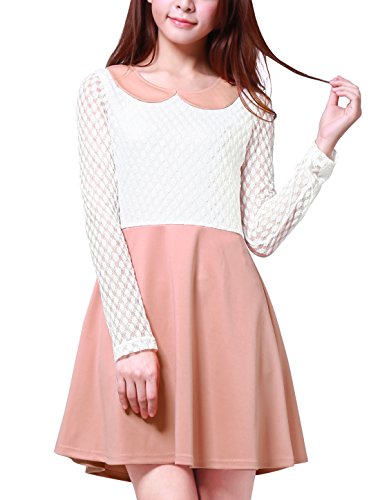 Allegra K Ladies Slipover Doll Collar Semi Sheer Detail Dress S Light Pink