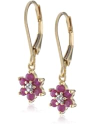 18k Yellow Gold Plated Sterling Silver Ruby Flower Dangle Earrings