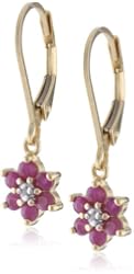 18k Yellow Gold-Plated Sterling Silver Ruby Flower Dangle Earrings