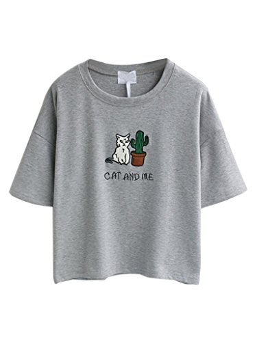 Persun Embroidery Letter And Cat Short Sleeves Crop T-shirt Top