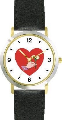 Red Heart - Hand with Flowers - Love & Friendship Theme - WATCHBUDDY® DELUXE TWO-TONE THEME WATCH - Arabic Numbers - Black Leather Strap-Size-Large ( Men