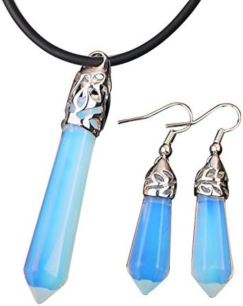 Iminibox 1set Women's Amethyst Gem Stone Reiki Healing Dangle Pendant+Earrings Jewelry Sets Gift (Opal)