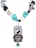 Beautiful Handmade X-Large and Chunky Genuine Stone Necklace with Large Horse/Crown Domino Pendant Silver Tone Chain