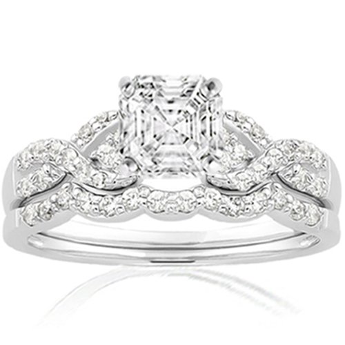 1.10 Ct Asscher Cut Diamond Wedding Rings Swirl Set VS2
